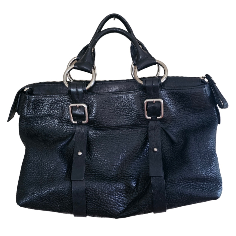 Kenneth Cole New York Satchel Black Pebbled Leather Bag Straps & Buckles - Picture 2 of 11